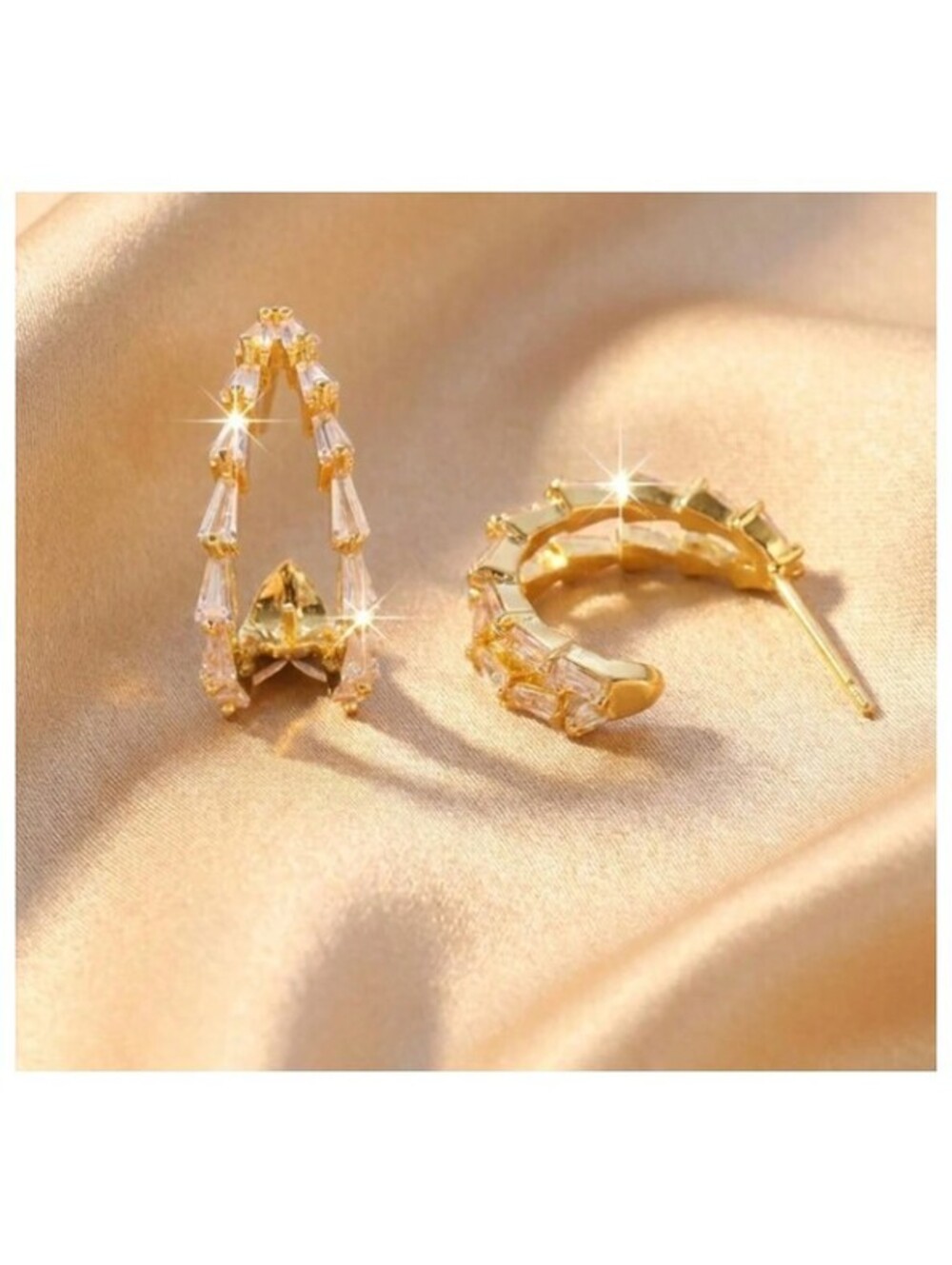 Open center baguette - Earrings - Gold - CZs - 1" - Picture 4 of 6